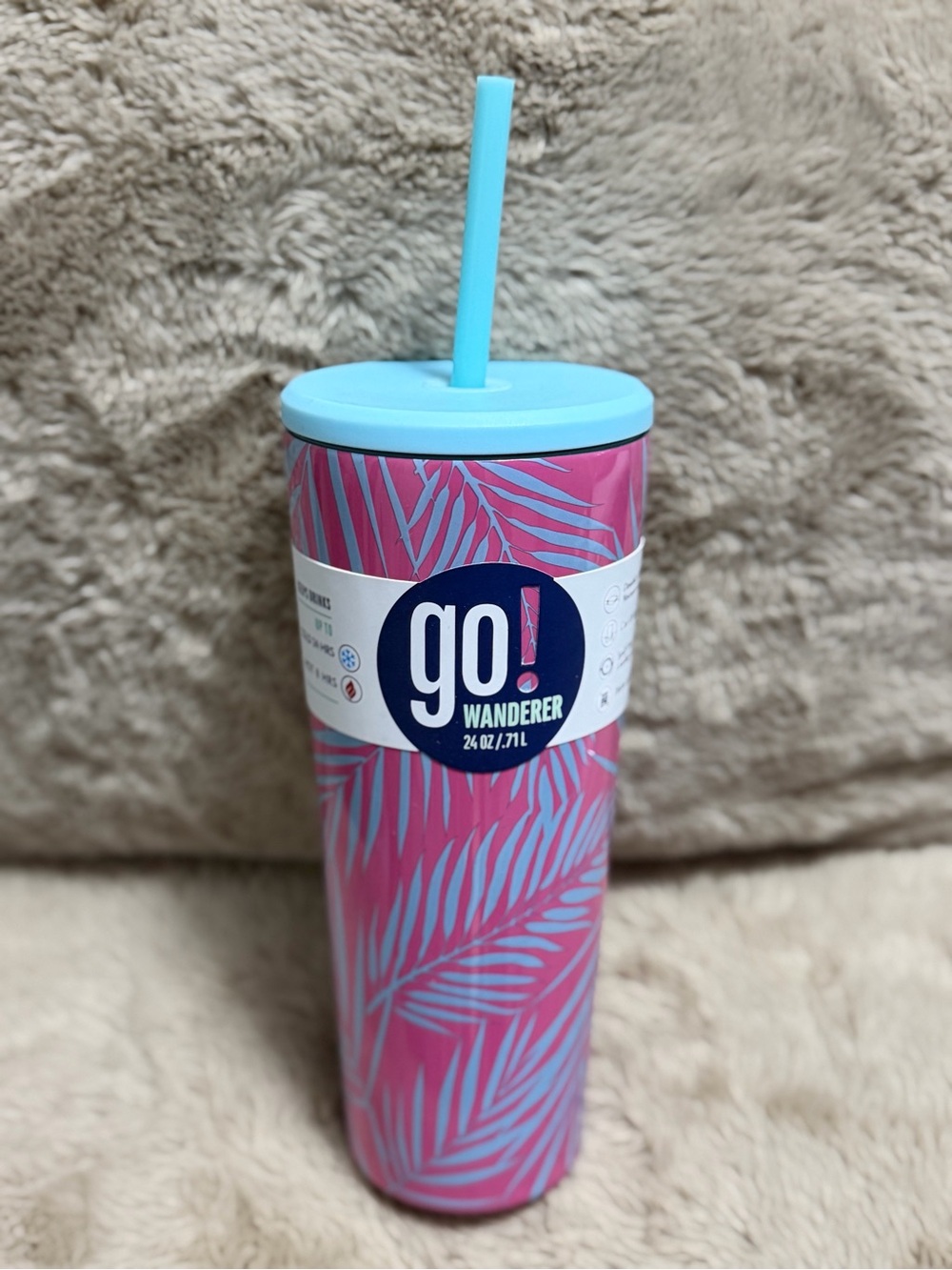Pink Palm-Print Stainless Travel Tumbler with Blue Lid & Straw
